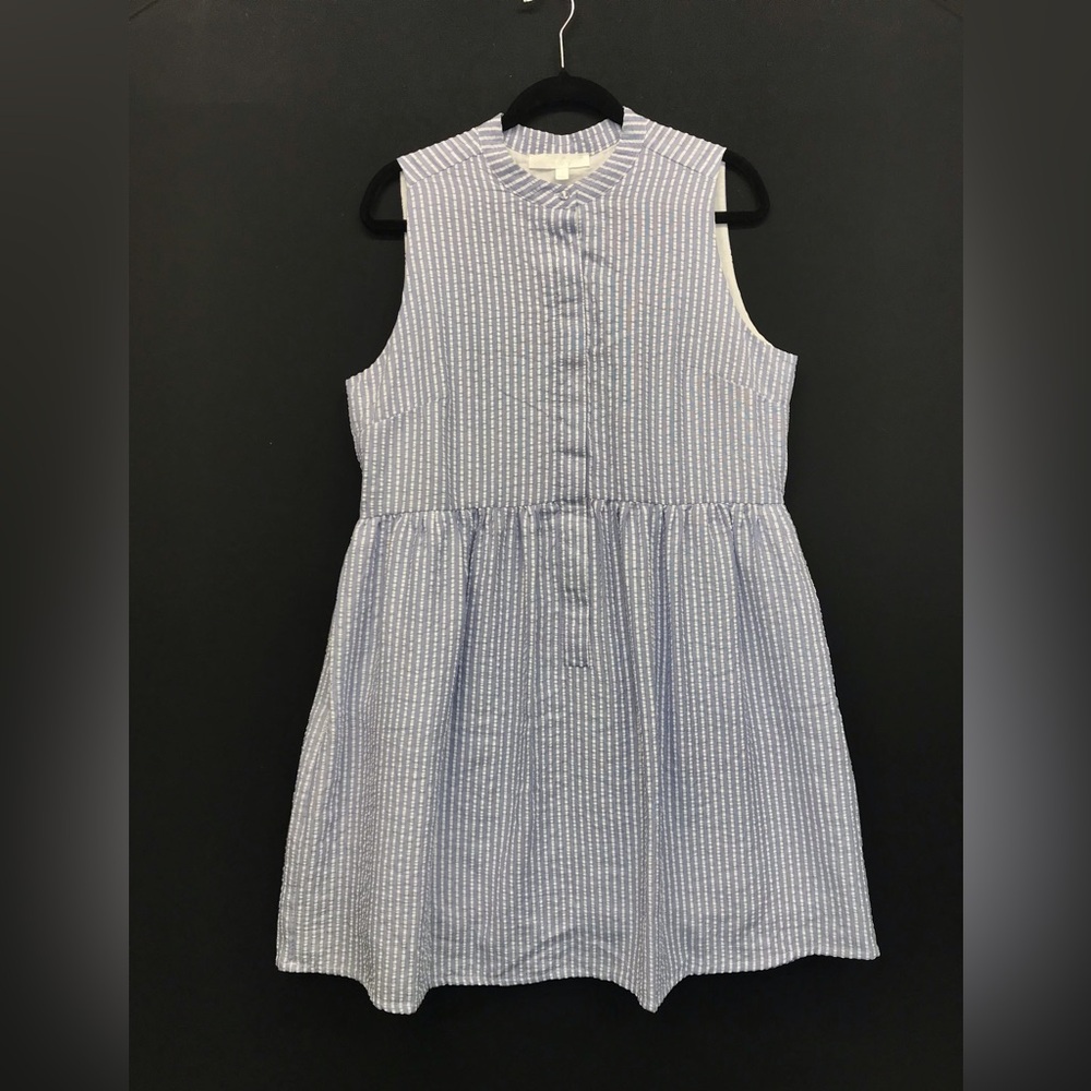 ADYSON‎ PARKER Blue/White Seersucker Striped Sleeveless Dress w/Pockets Size L